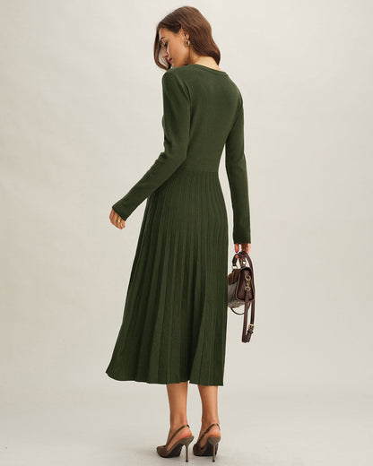 Vestido de Suéter Plisado Verde de Cuello Redondo
