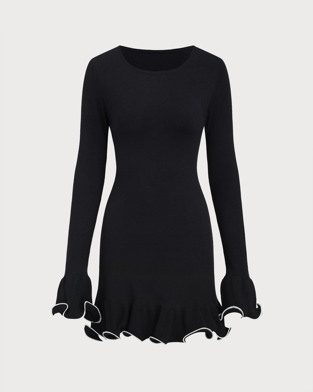Vestido Mini de Suéter con Volantes y Textura de Rayas Negro
