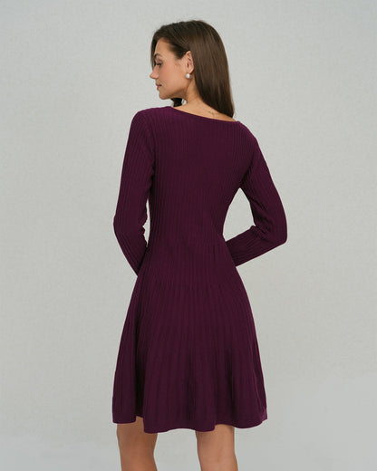 Vestido de Suéter A-Line con Cuello Cuadrado Púrpura