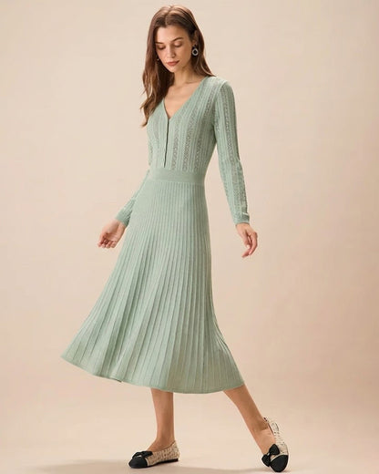 Vestido Suéter de Viscosa Verde con Cuello en V