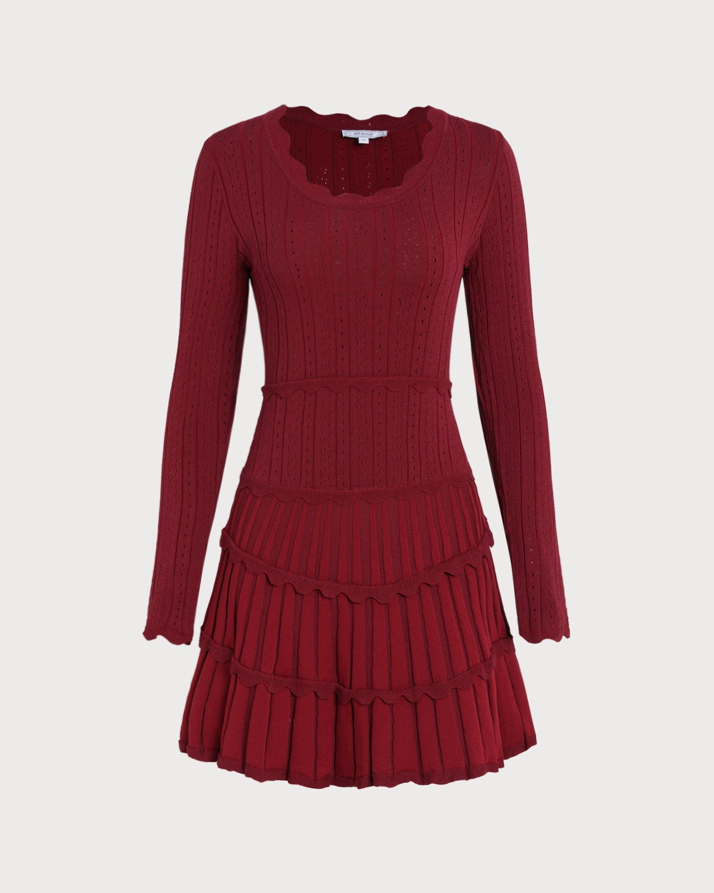 Vestido de Suéter de Viscosa Escallopado Color Rojo Vino