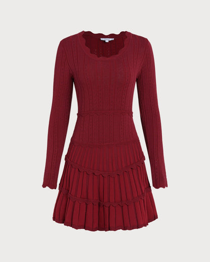 Vestido de Suéter de Viscosa Escallopado Color Rojo Vino