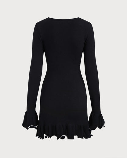 Vestido Mini de Suéter con Volantes y Textura de Rayas Negro