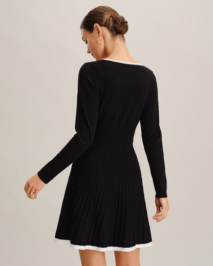Vestido de Suéter con Botones y Cuello en V Negro con Contraste