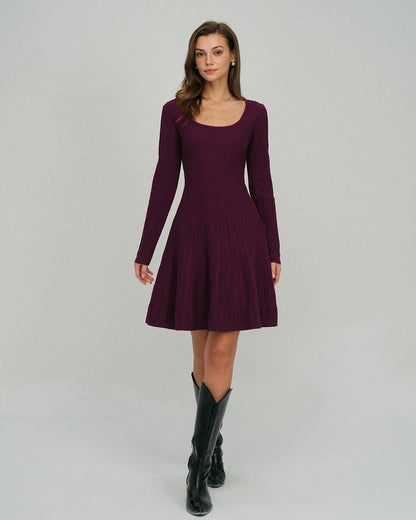 Vestido de Suéter A-Line con Cuello Cuadrado Púrpura
