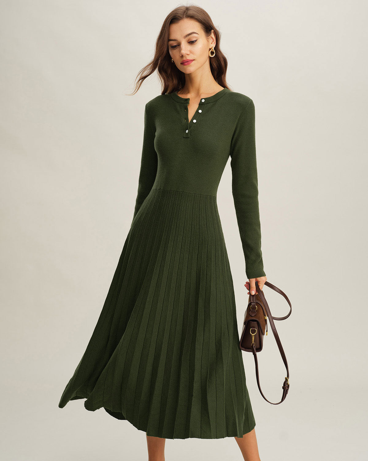 Vestido de Suéter Plisado Verde de Cuello Redondo