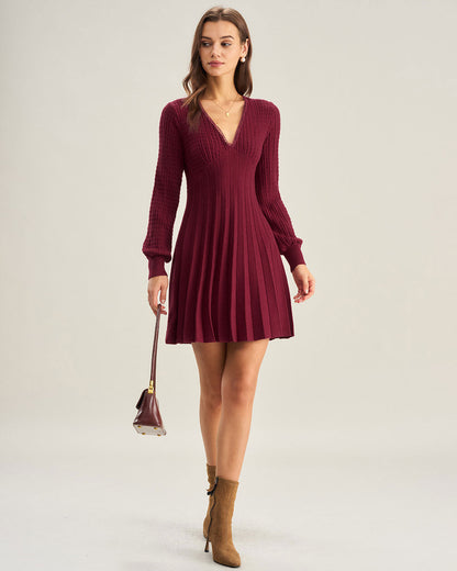 Vestido de Suéter A-Line de Cuello en V Color Rojo Vino