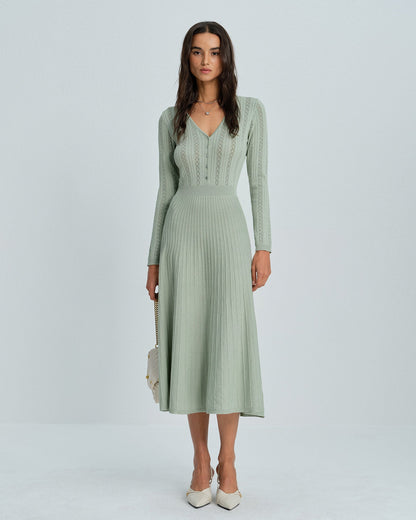 Vestido Suéter de Viscosa Verde con Cuello en V