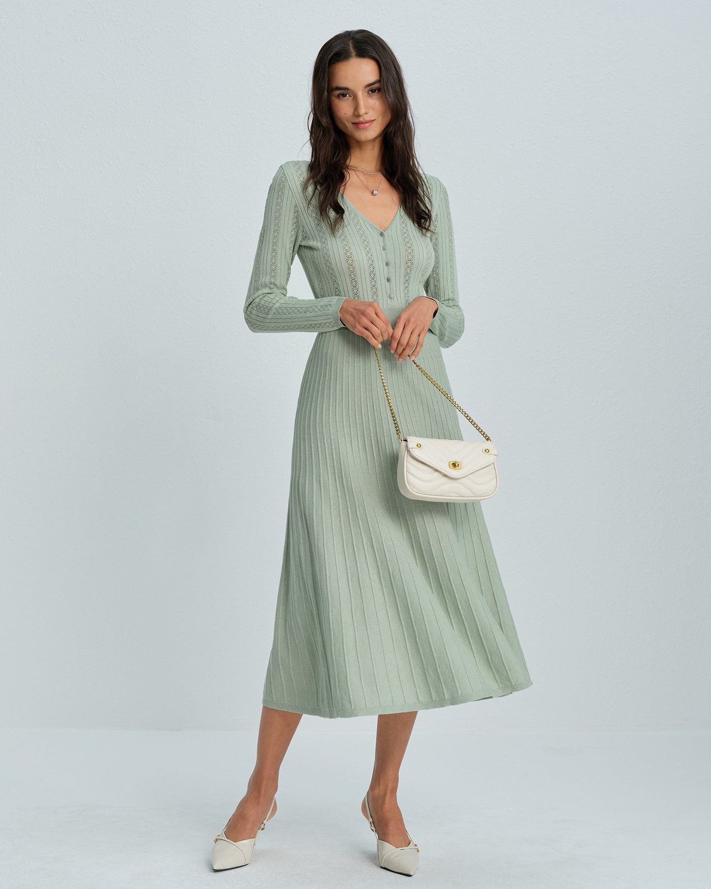 Vestido Suéter de Viscosa Verde con Cuello en V