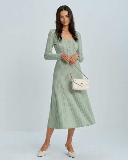 Vestido Suéter de Viscosa Verde con Cuello en V