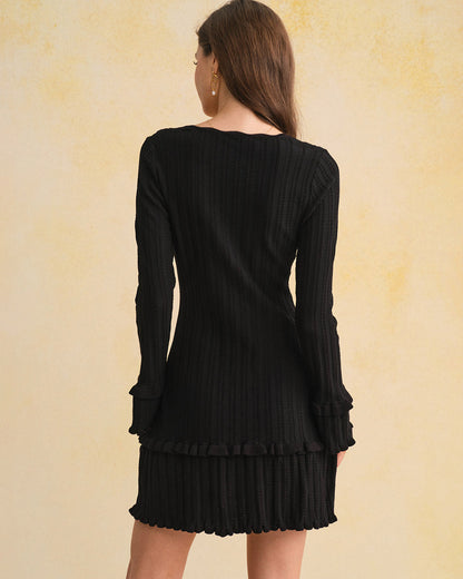 Vestido de Suéter con Volantes y Mangas de Campana Negras