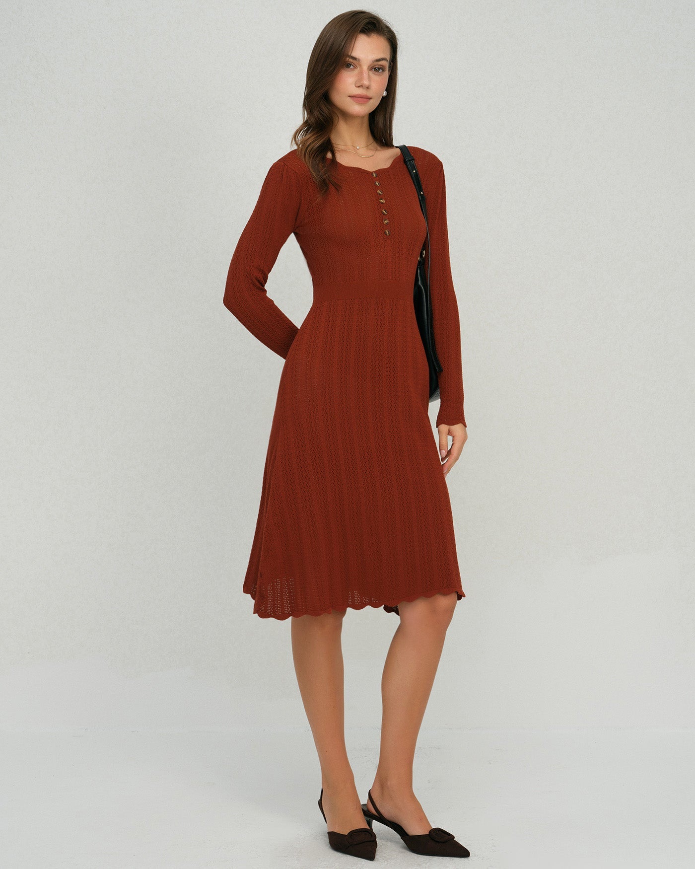Vestido de Suéter A-Line con Volantes Marrón
