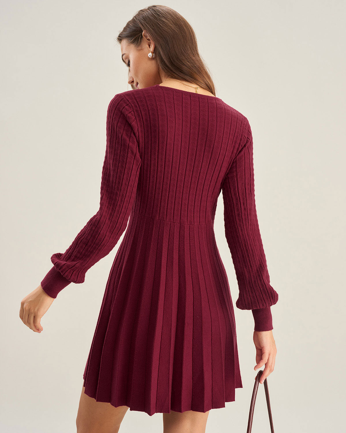Vestido de Suéter A-Line de Cuello en V Color Rojo Vino