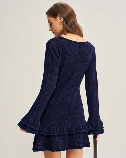 Vestido Suéter A-Line de Cuello en V Marino