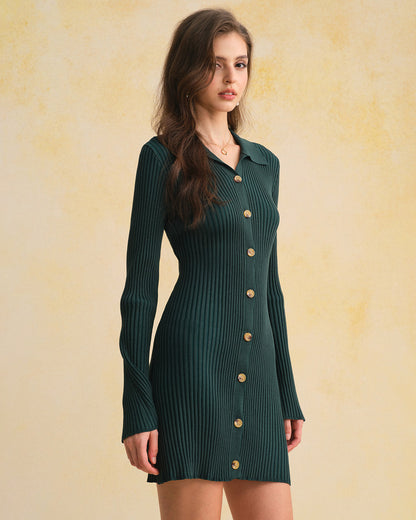 Vestido Suéter Verde A-Line con Botones