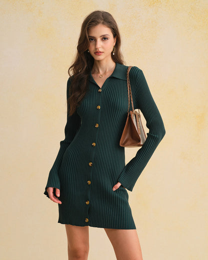Vestido Suéter Verde A-Line con Botones