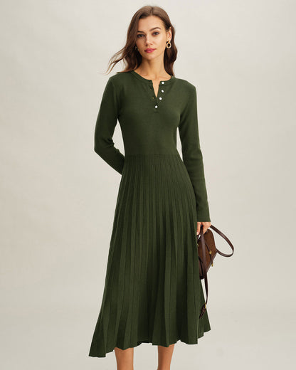 Vestido de Suéter Plisado Verde de Cuello Redondo
