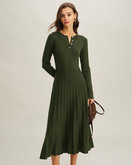 Vestido de Suéter Plisado Verde de Cuello Redondo