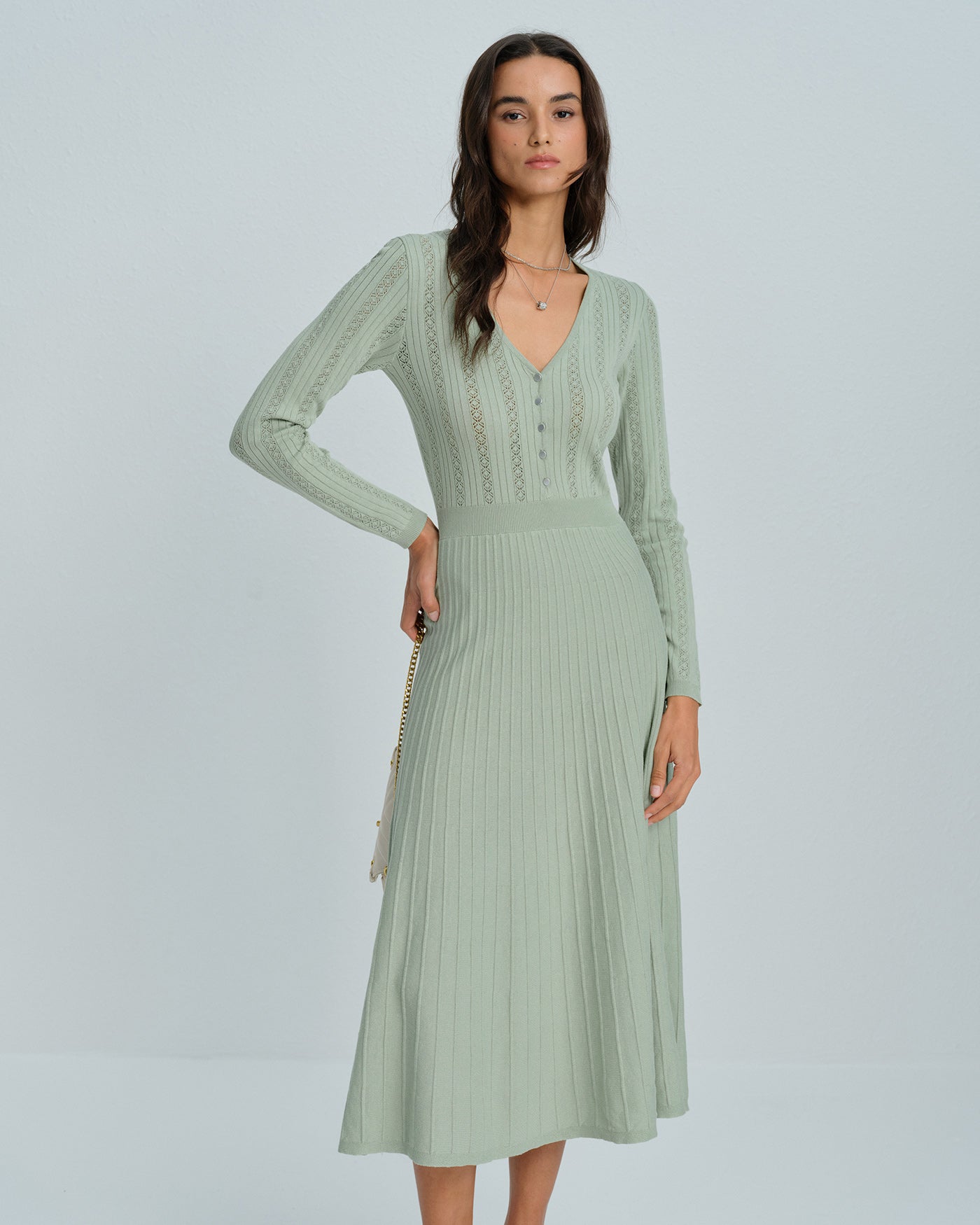 Vestido Suéter de Viscosa Verde con Cuello en V