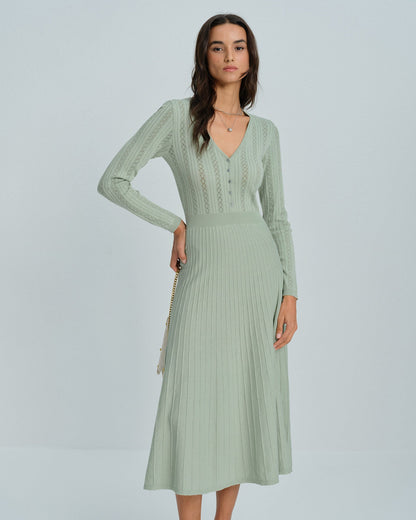 Vestido Suéter de Viscosa Verde con Cuello en V