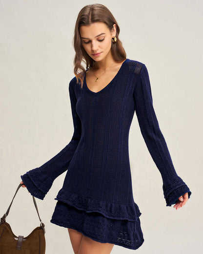 Vestido Suéter A-Line de Cuello en V Marino