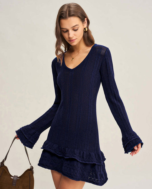 Vestido Suéter A-Line de Cuello en V Marino