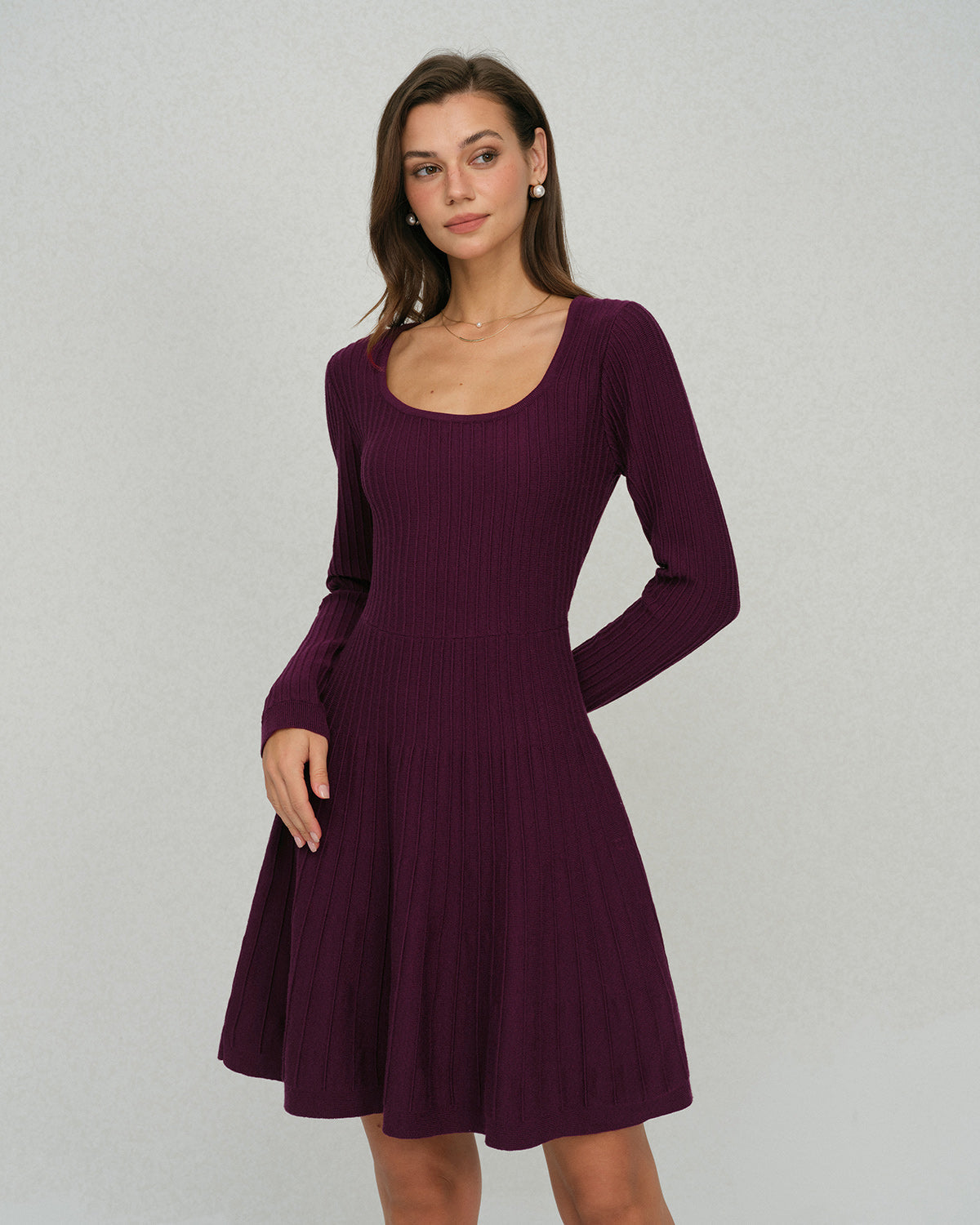 Vestido de Suéter A-Line con Cuello Cuadrado Púrpura