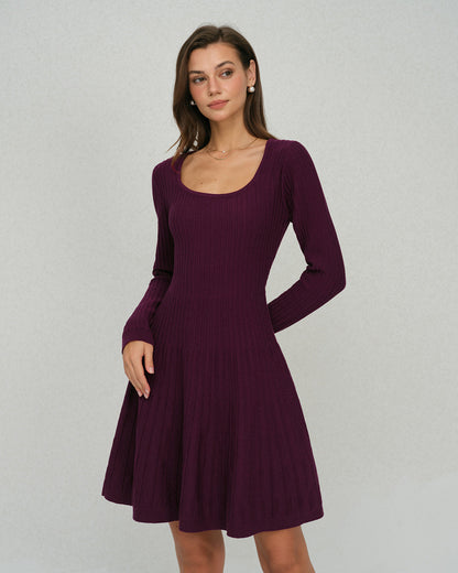 Vestido de Suéter A-Line con Cuello Cuadrado Púrpura