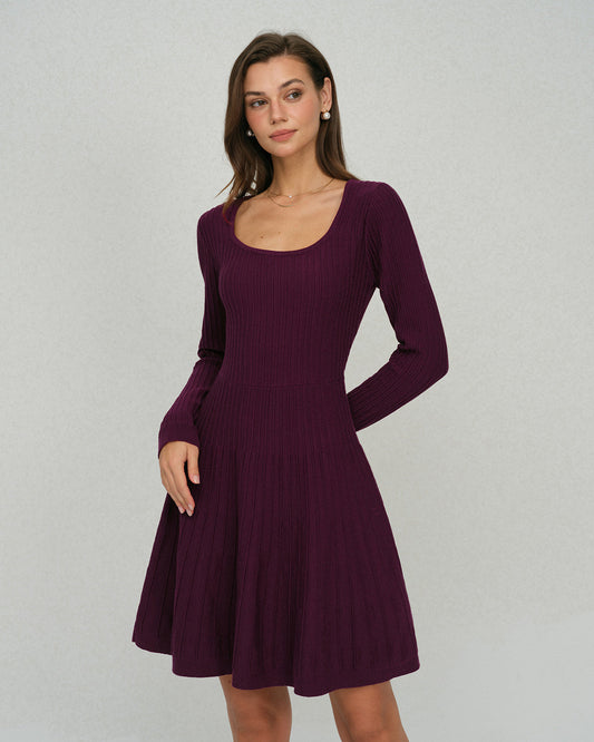 Vestido de Suéter A-Line con Cuello Cuadrado Púrpura