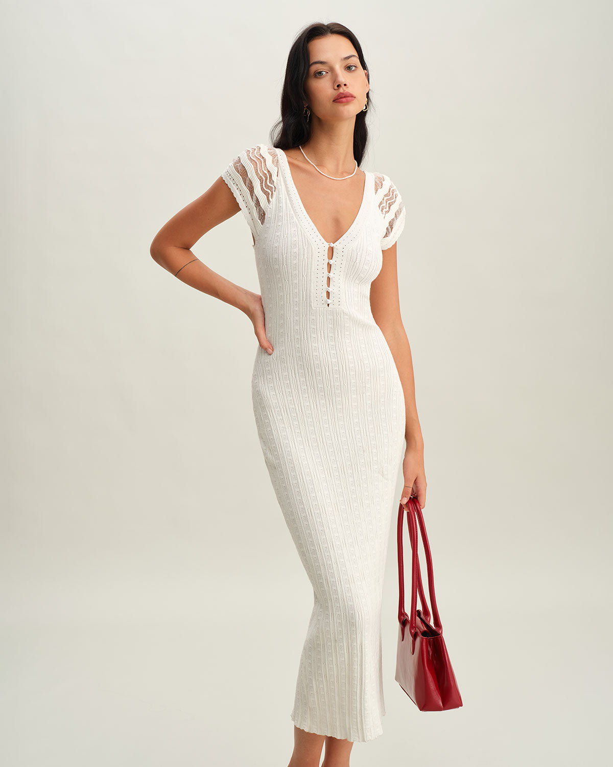 Vestido de Suéter Ajustado de Ganchillo Blanco