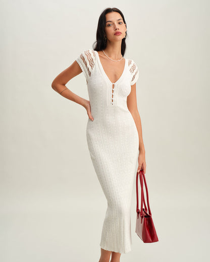 Vestido de Suéter Ajustado de Ganchillo Blanco