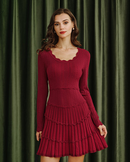 Vestido de Suéter de Viscosa Escallopado Color Rojo Vino
