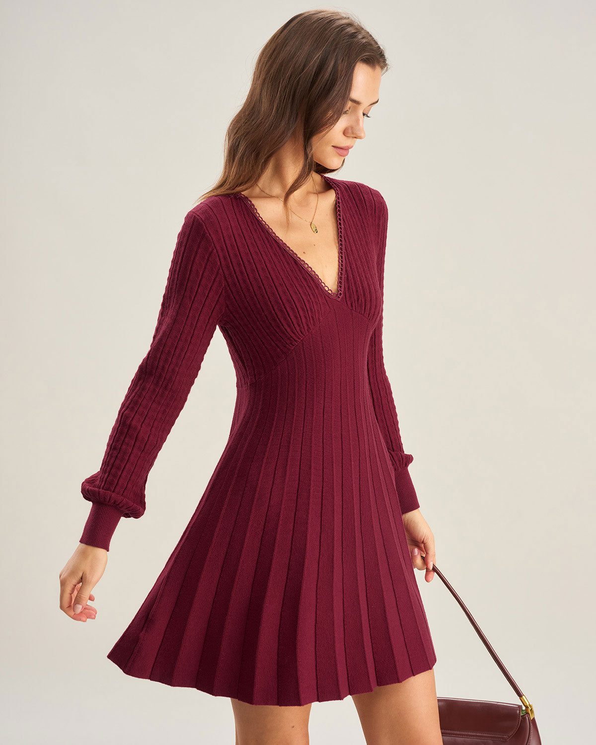 Vestido de Suéter A-Line de Cuello en V Color Rojo Vino