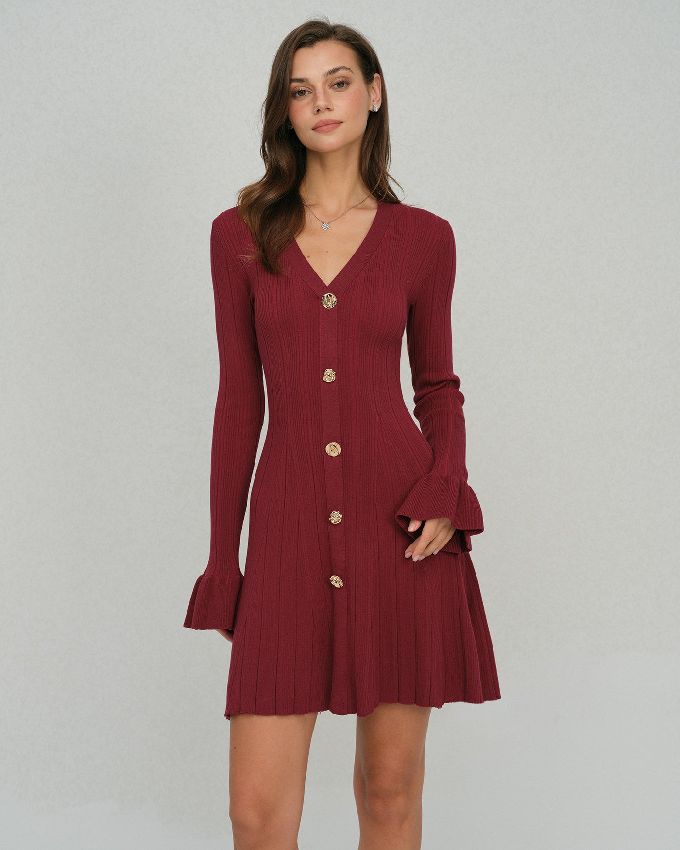 Vestido de Suéter Viscosa con Mangas de Campana Color Rojo Vino