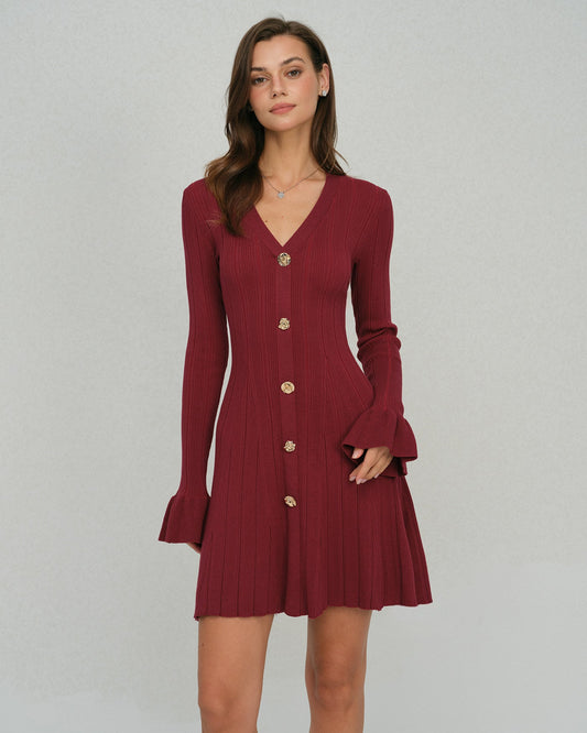 Vestido de Suéter Viscosa con Mangas de Campana Color Rojo Vino