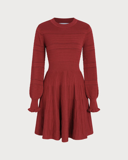 Vestido de Suéter A-Line con Mangas de Linterna Color Rojo Vino