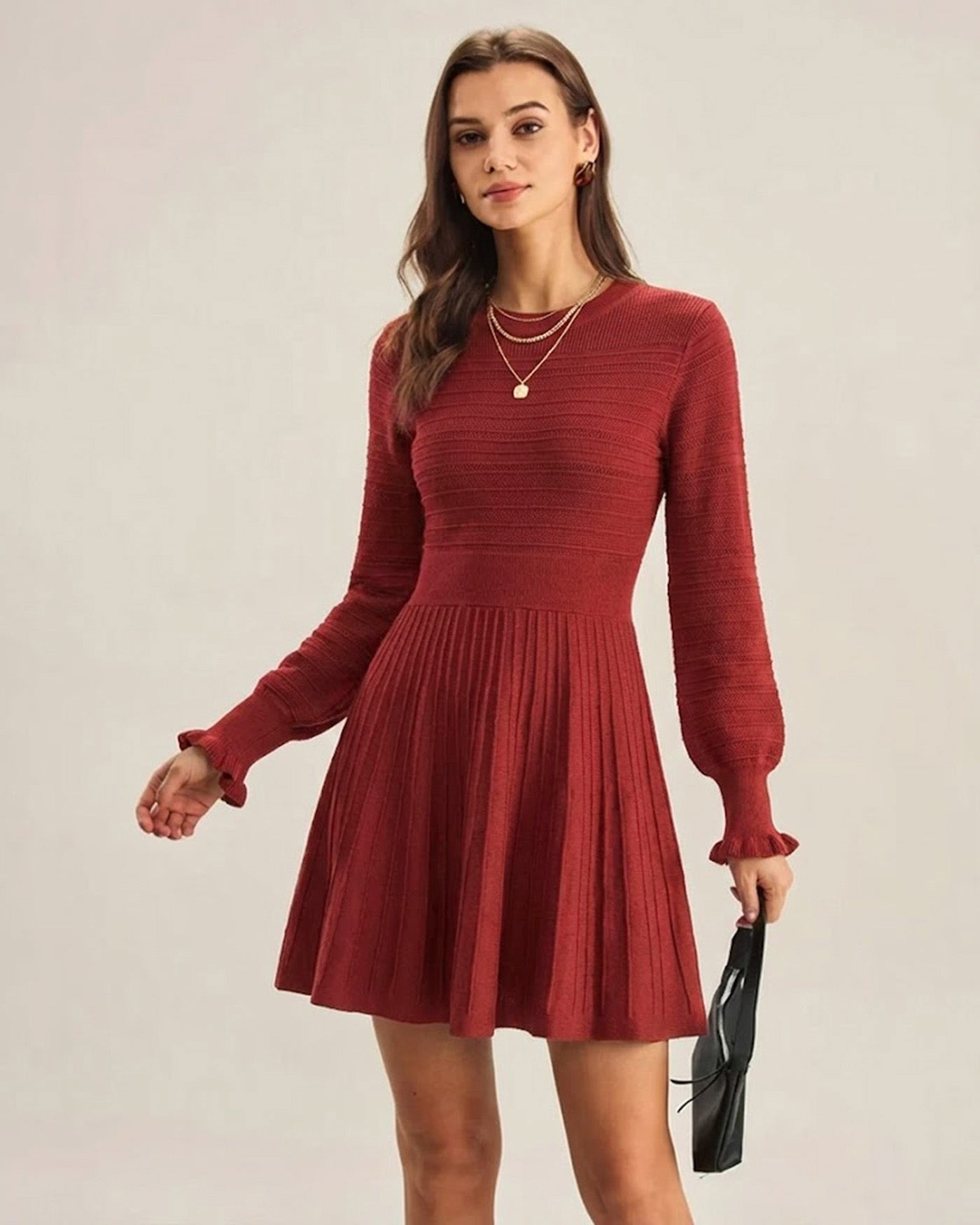 Vestido de Suéter A-Line con Mangas de Linterna Color Rojo Vino