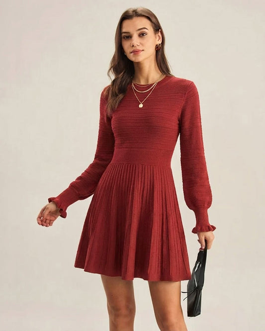Vestido de Suéter A-Line con Mangas de Linterna Color Rojo Vino