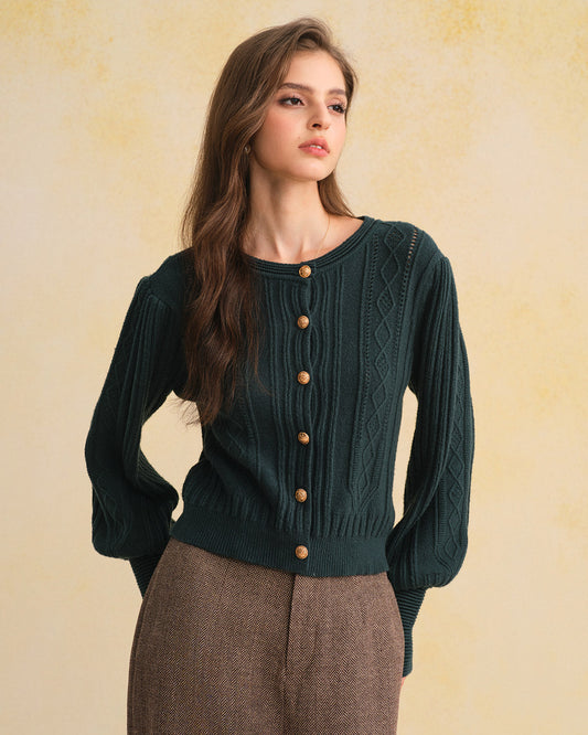 Cárdigan de Punto Verde Retro con Mangas de Linterna