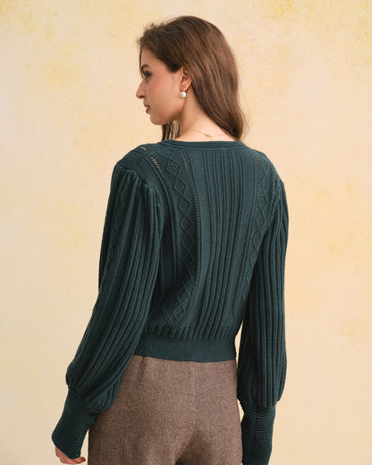 Cárdigan de Punto Verde Retro con Mangas de Linterna
