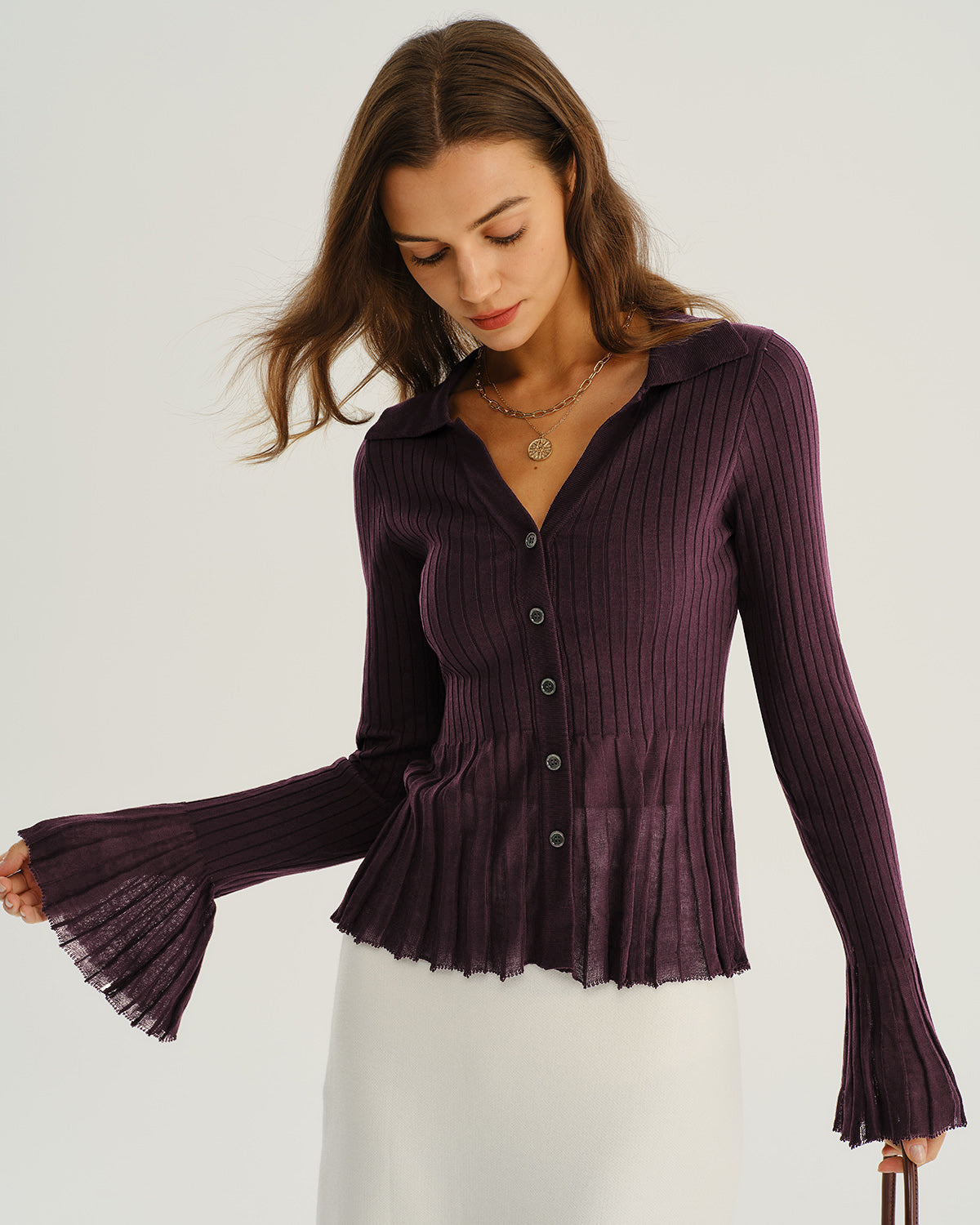 Cardigan de punto acanalado morado