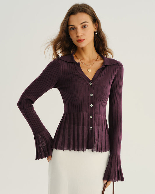 Cardigan de punto acanalado morado