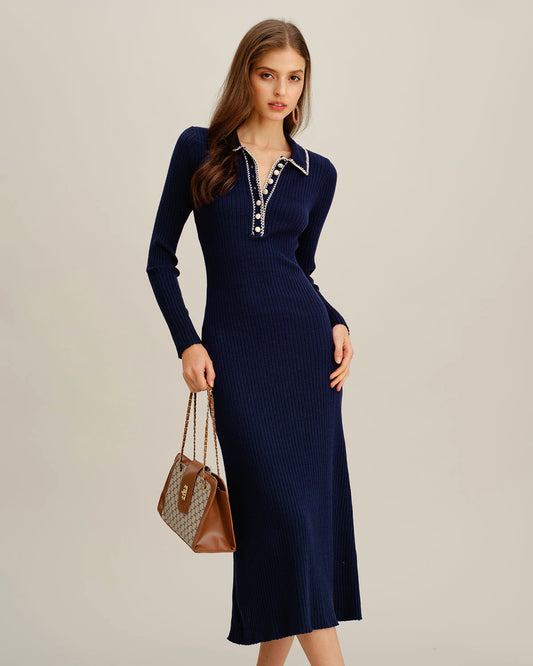 Vestido Suéter con Botón Contraste Azul