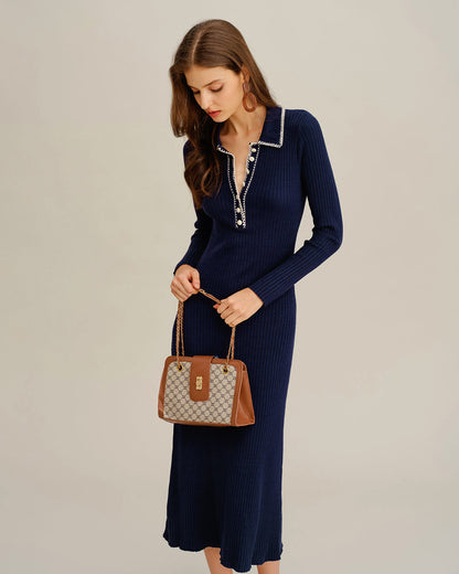 Vestido Suéter con Botón Contraste Azul