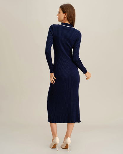 Vestido Suéter con Botón Contraste Azul