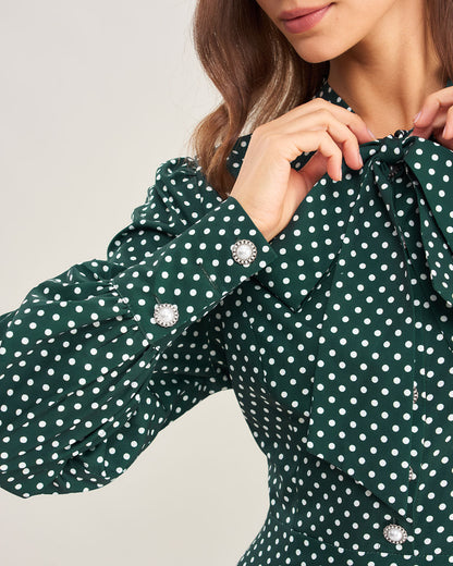 Vestido Midi con Cuello de Lazo de Lunares Verdes