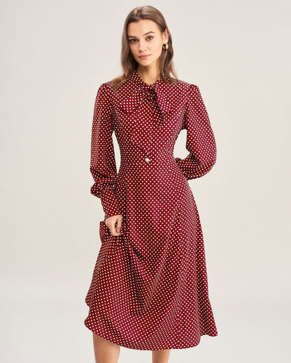 Vestido Midi de Lunares con Manga Obispo en Rojo Vino