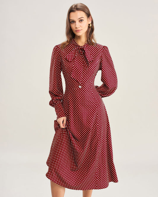 Vestido Midi de Lunares con Manga Obispo en Rojo Vino
