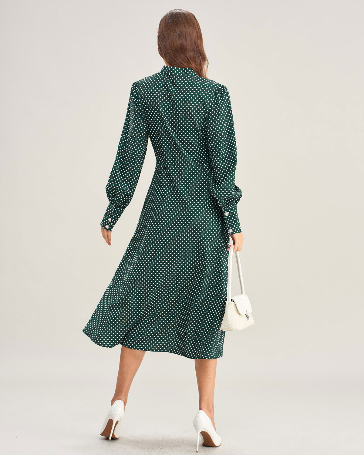 Vestido Midi con Cuello de Lazo de Lunares Verdes