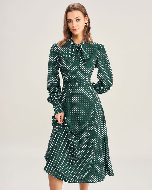 Vestido Midi con Cuello de Lazo de Lunares Verdes